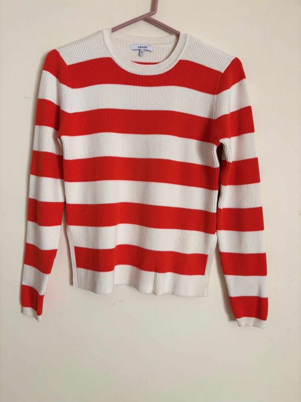 Ganni Cream and Red Striped Poppy Knit Crewneck Sweater